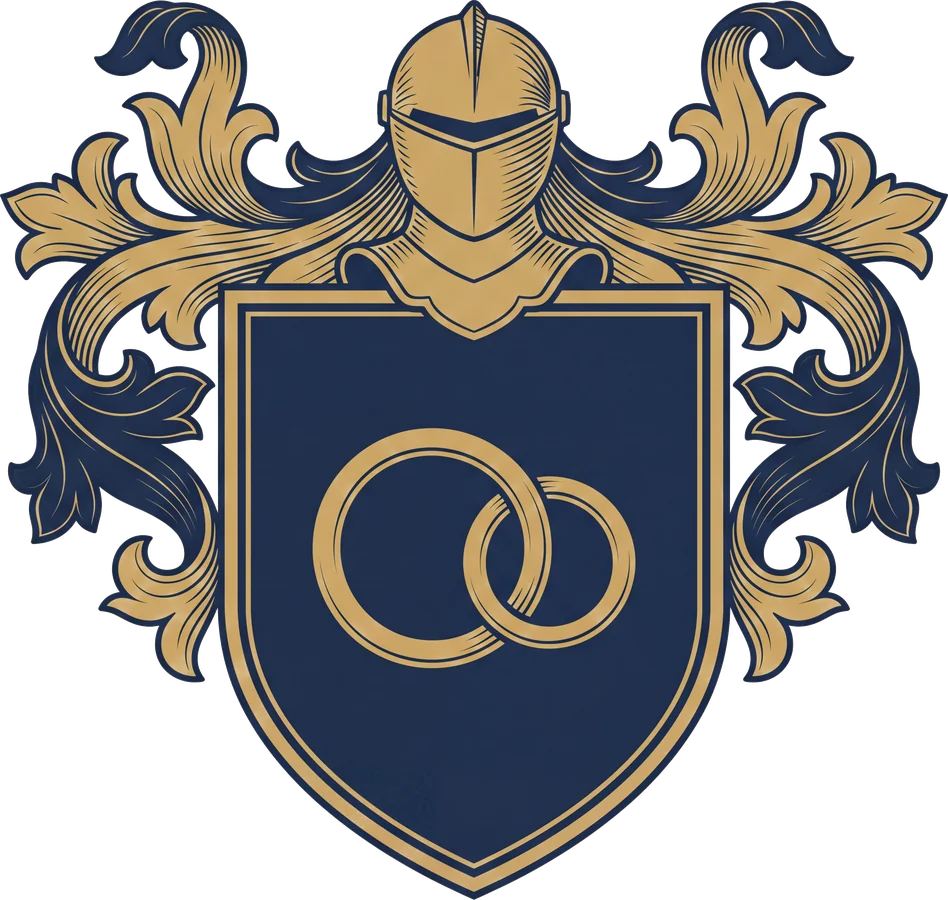 Original Adams crest design: a shield with a large and a small linked ring
