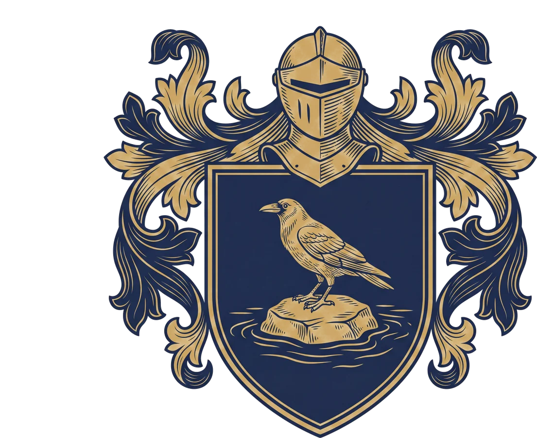 Original Crawford crest design: a shield with a crow at a river ford