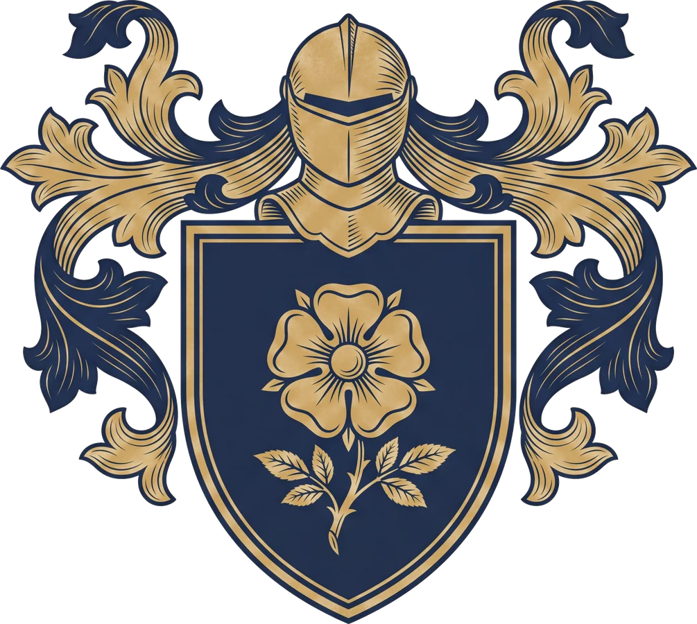 Original Jackson crest design: a shield with an English wild rose