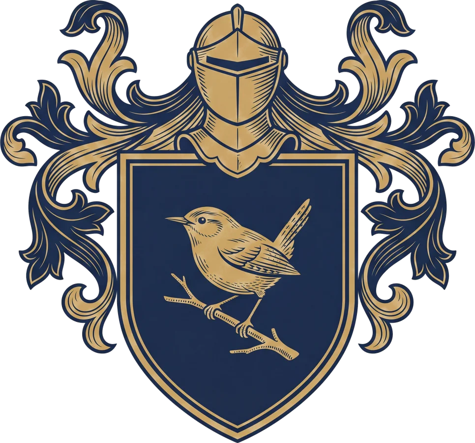 Original Little crest design: a shield with a wren on a twig