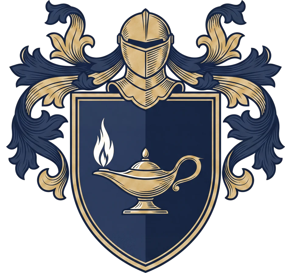 Original Martin crest design: a shield with a lamp with a bright flame