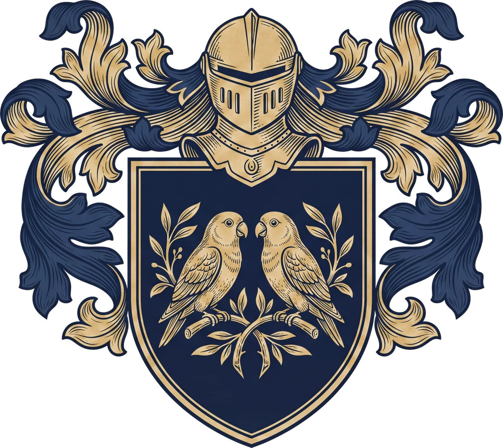 Original McCarthy crest design: a shield with a pair of lovebirds