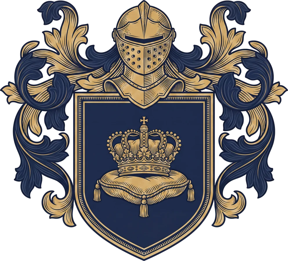 Original Reyes crest design: a shield with a crown on a cushion