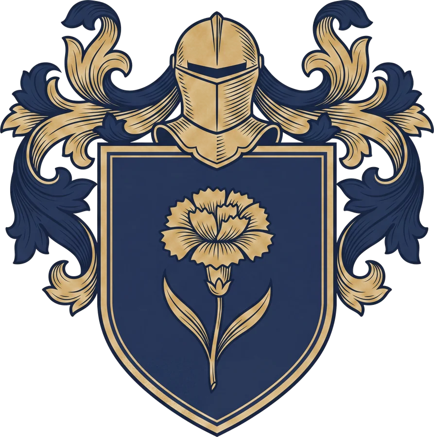 Original Sanchez crest design: a shield with a carnation in bloom