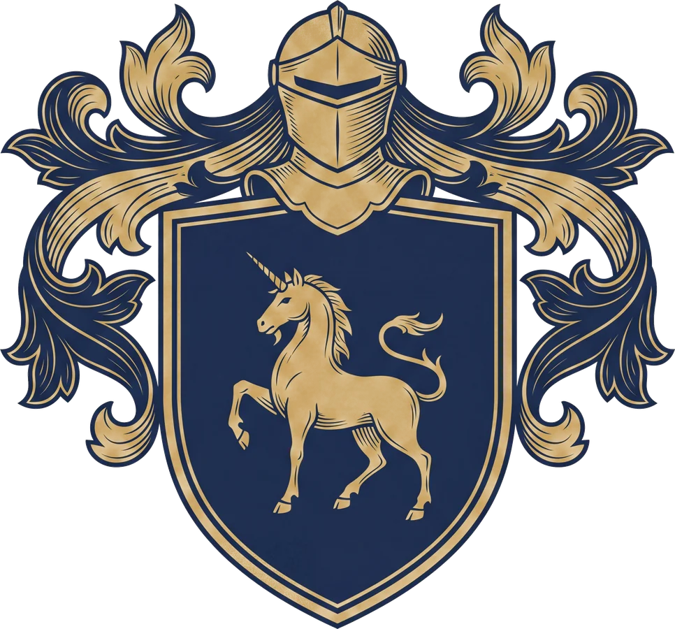 Original Scott crest design: a shield with a standing unicorn
