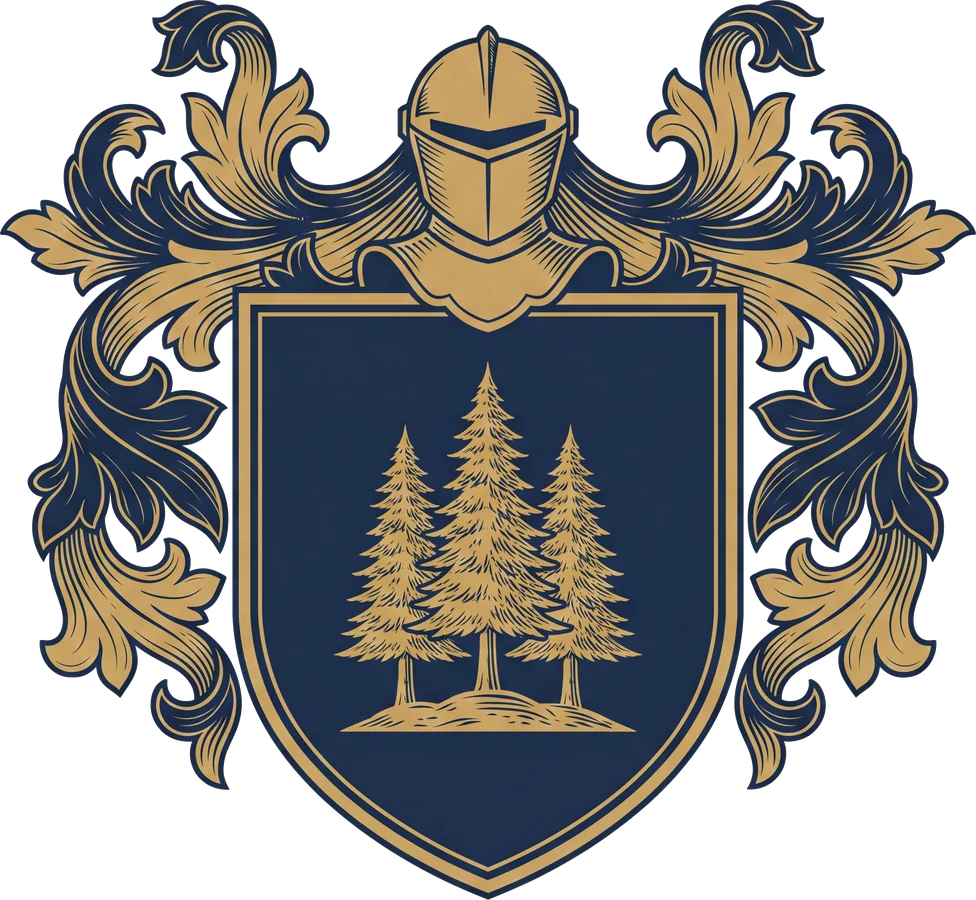 Original Wood crest design: a shield with a stand of three pines
